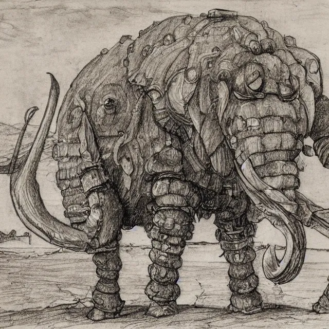 Image similar to a detailed, intricate drawing of a heavily armored mammoth on a beach, by albrecht durer