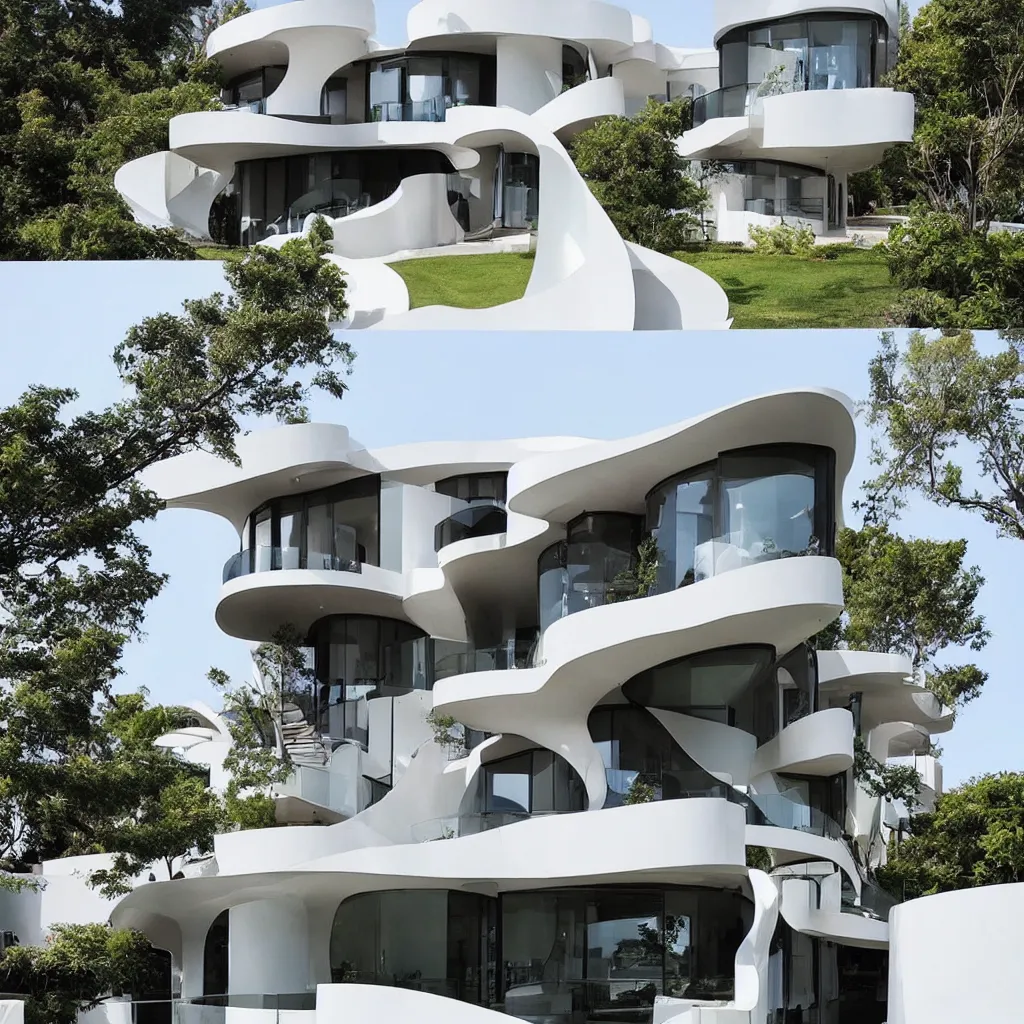 Image similar to “ a two story modern house with curve sculptural balconies, designed by famous architects online lab of architecture, house sold for 4 million dollars, featured on architecture magazines ”