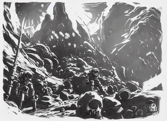 Image similar to deep rock galactic as an etching!!!!, video game, cavern, monochrome