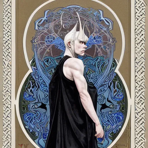 Image similar to portrait of an androgynous albino Viking elf with blue-tinged skin and ghostly art nouveau tattoos wearing black cloak and expression of manic disdain by Greg Rutkowski, Brom, Yoshitaka Amano!!!! and Alphonse Mucha