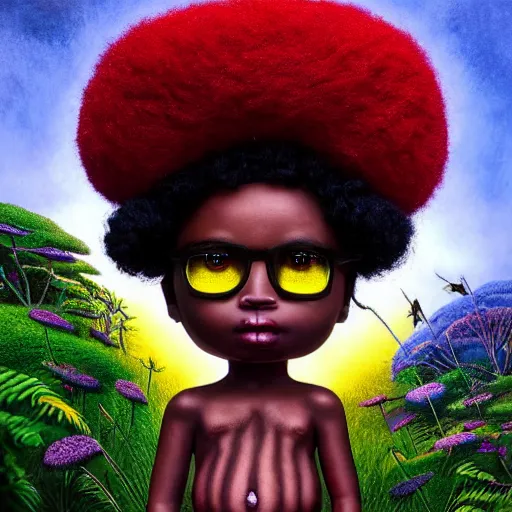 Image similar to symmetry!, wide angle dynamic portrait of a chibbi black girl with a colorful afro in an african zen garden at sunset, macrophotography, felt texture, amigurumi by mark ryden and todd schorr and mark davis and zdislaw beksinski in a surreal lowbrow style, digital paint, matte paint, vivid pastel watercolors, breathtaking landscape