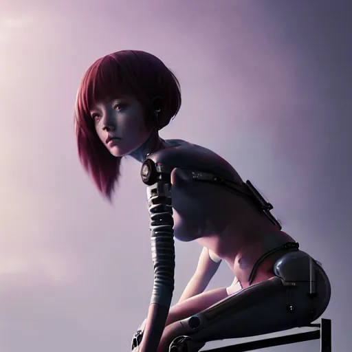 Image similar to broken cyborg - girl by tom bagshaw, sitting on a metal table by ilya kuvshinov, rtx rendering, octane render 1 2 8 k, maya, extreme high intricate details by wlop, digital anime art by ross tran, medium shot, close up shot, composition by sana takeda, dramatic lighting by greg rutkowski