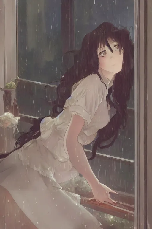 Image similar to a girl in a maid's outfit in the bedroom a night, raining outside the window, wavy white long hair, by krenz cushart and mucha and akihito yoshida and greg rutkowski and makoto shinkai, detailed eyes, 4 k resolution