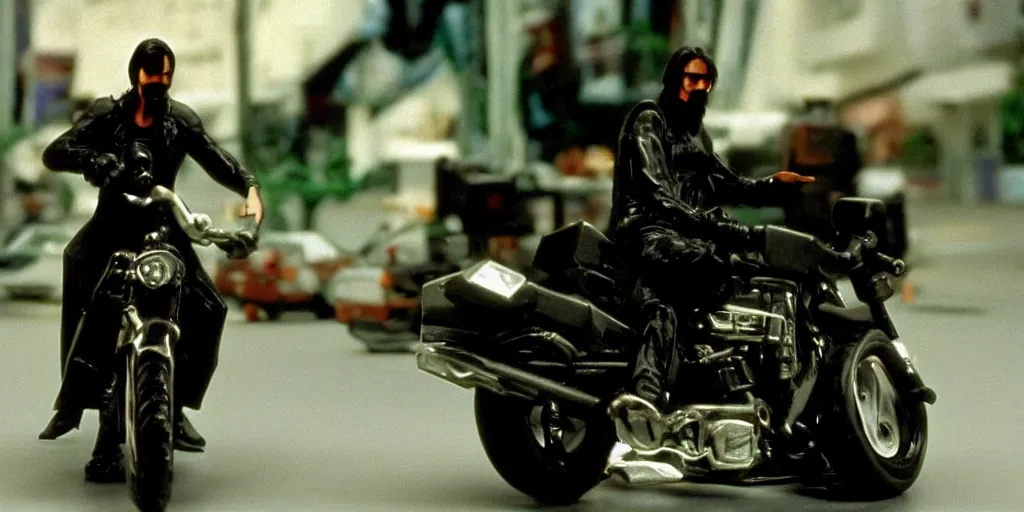 Prompt: beautiful hyperrealism three point perspective film still of Keanu Reeves as neo with machine gun in a motorcycle chase scene in Matrix(1990) extreme closeup portrait in style of 1990s frontiers in translucent porclein miniature street photography seinen manga fashion edition, miniature porcelain model, focus on face, eye contact, tilt shift style scene background, soft lighting, Kodak Portra 400, cinematic style, telephoto by Emmanuel Lubezki