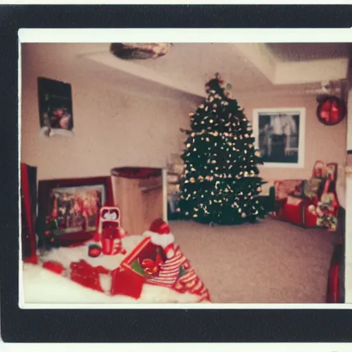 Prompt: polaroid photograph of christmas themed basement