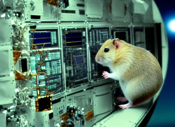 Image similar to film still of a hamster working for mission control at nasa, 8 k