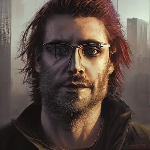 Image similar to cyberpunk, closeup portrait of a shaggy cyberpunk hacker, eye bags, dramatic light, city background, sunset, dystopian setting, high contrast, sharp, neuromancer, henry dorsett case, painted by stanley lau, painted by greg rutkowski, painted by stanley artgerm, digital art, trending on artstation