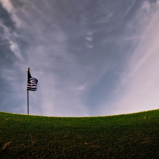 Prompt: low angle from inside a golf hole to the sky, golf flag.