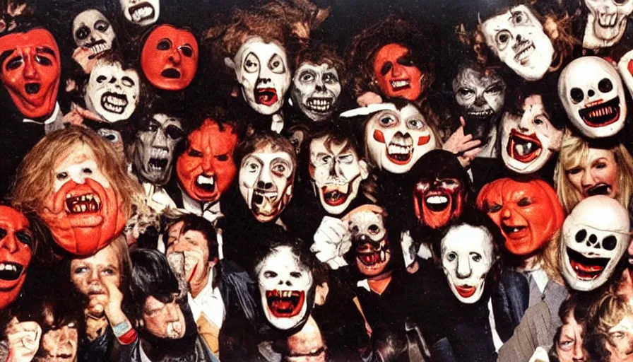 Image similar to a 1 9 8 0's horror movie where angry mob wears a celebrety faces as halloween mask