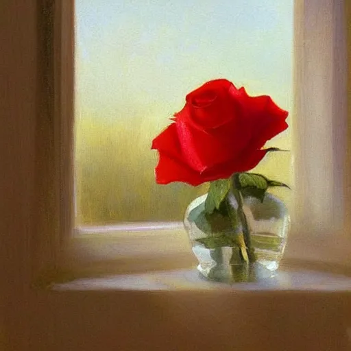 Image similar to The rose is placed in a vase on a windowsill. The light from the window casts a warm, golden glow on the petals of the rose, making them appear illuminated. The colors in the painting are soft and muted, giving the overall impression of a tranquil scene. Trending on artstation, in the style of famous painter.