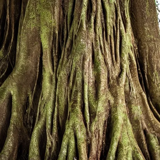 Image similar to close up of a strangler fig tree with mutant likens growing on its bark. In the background a lush, dense forest, volumetric dusk light filtering from above. Eerie but serene, photorealistic, 8k