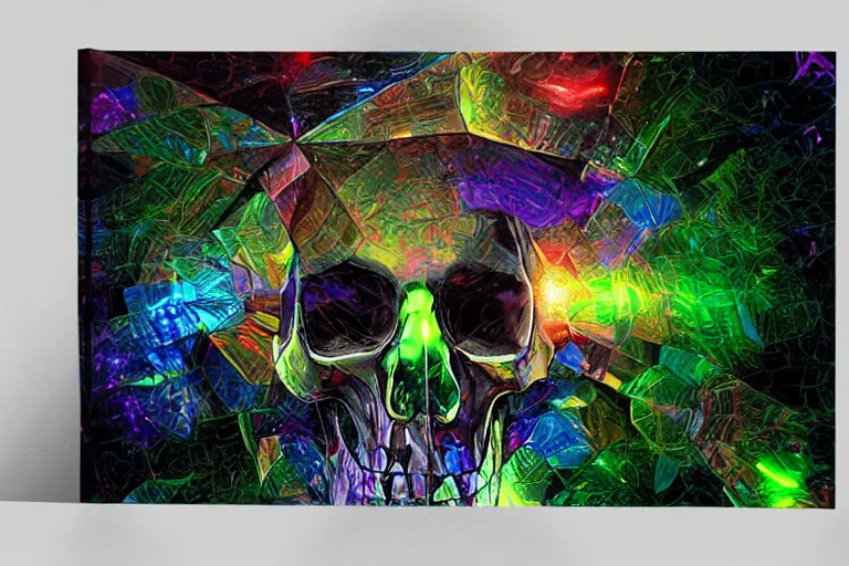 Prompt: an epic fantastic realism comic book style painting of a skull shaped glassine fractal dichroic shard geometry low poly skull, dynamic lighting