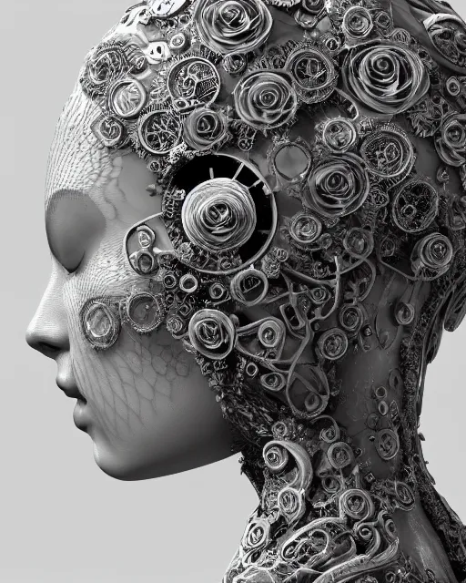 Image similar to mythical dreamy black and white organic bio - mechanical spinal ribbed profile face portrait detail of translucent steampunk beautiful female angelic - human - queen - vegetal - cyborg, highly detailed, intricate crystal ivy jelly ornate, poetic, translucent roses ornate, 3 d render, digital art, octane render, 8 k artistic photography, photo - realistic, by dora maar