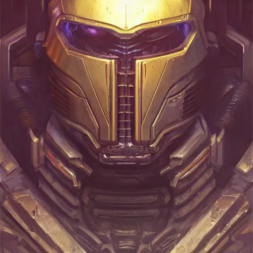 Image similar to the doomslayer as a realistic scifi cyberpunk knight, closeup portrait art by donato giancola and greg rutkowski, vintage retro scifi, realistic face, digital art, trending on artstation, symmetry!!!