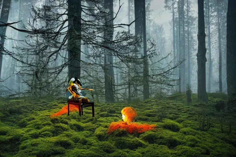 Prompt: a burning with fire human skeleton sitting behind computer, overgrown with moss, in foggy forest, at night with moon light, dark atmosphere, dark fantasy, highly detailed