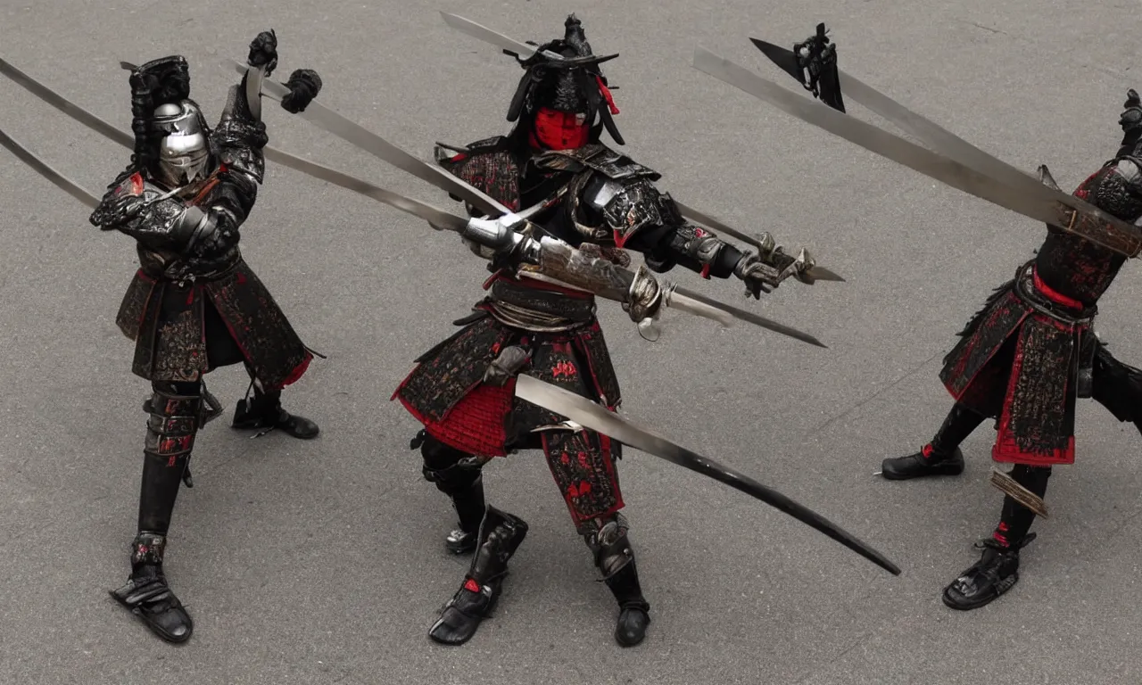 Prompt: samurai armored killer machine with twin katana sword