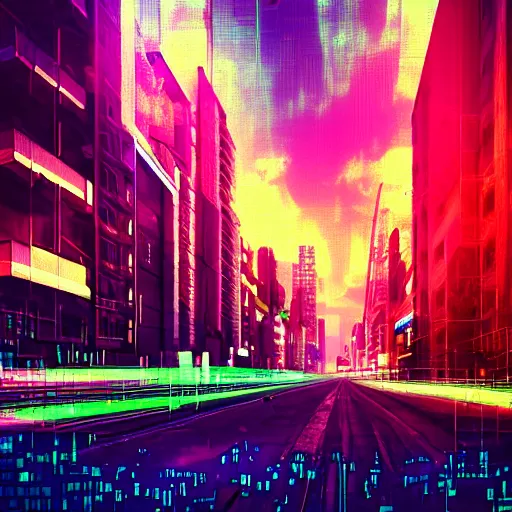 Prompt: a city street in the style of aertime, glitchart, glitch art, # glitchart, pixelsort, # pixelsort, synthwave, cyberpunk, vaporwave, deviantart