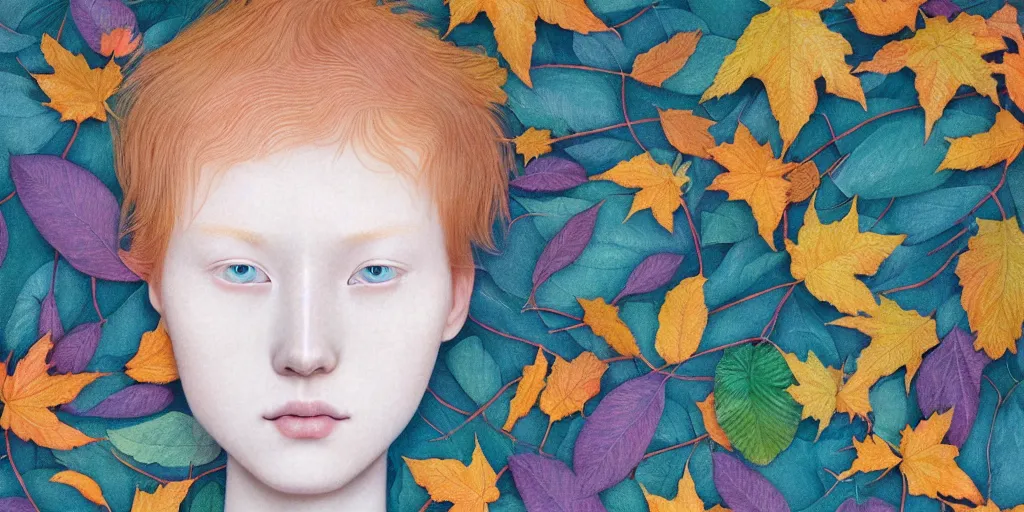 Prompt: breathtaking detailed pattern pastel colors of an ethereal ginger teenager with a face made of autumn leaves, by hsiao - ron cheng, bizarre compositions, exquisite detail, 8 k