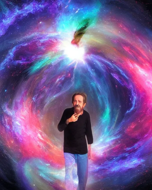 Prompt: alan watts floating in a nebula explosion wormhole portrait painting highly detailed procreate, 3d render senior artist, photorealistic, textured, featured on artstation