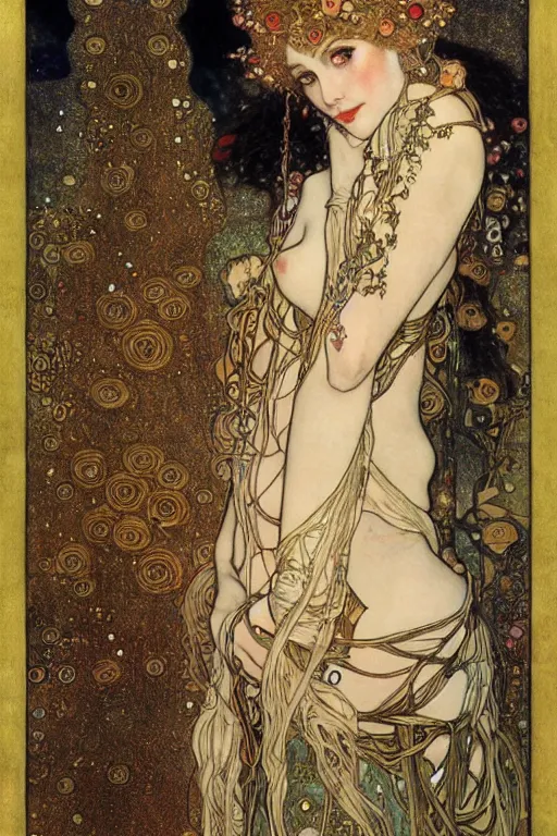 Image similar to Elven Queen by (Gustav Klimt), ((Alphonse Mucha)), Ayami Kojima, and ((Arthur Rackham))