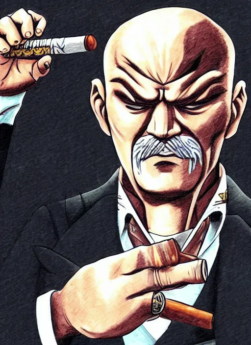 Image similar to heihachi mishima dressed formally, smoking a cigar, drawn in the style of keisuke itagaki