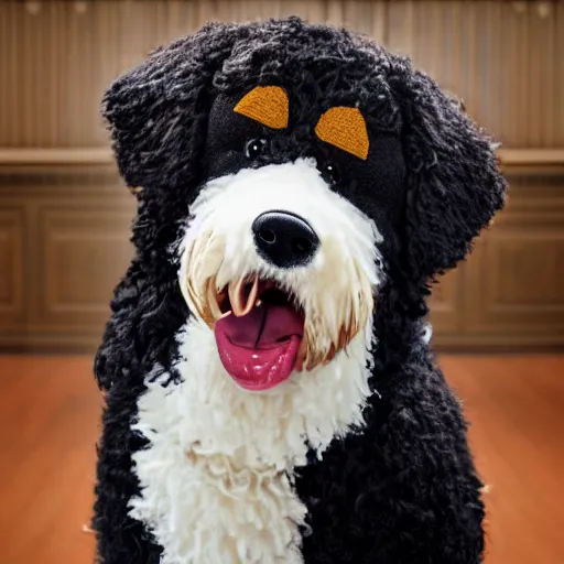 Image similar to a closeup photorealistic photograph of a cute smiling knitted bernedoodle judge dog dressed in a black gown, presiding over the courthouse. indoors, professional capture, well lit shot. this 4 k hd image is trending on artstation, featured on behance, well - rendered, extra crisp, features intricate detail, epic composition and the style of unreal engine.