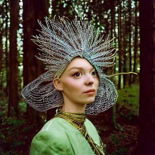 Prompt: woman in a headdress made of wire and scales stands in a magical forest, cinematic, Kodak Portra 800 film