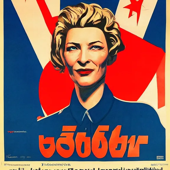 Image similar to soviet propaganda poster with cate blanchett calling on the world community to fight against Nazism, Ultra Detailed, soviet realism