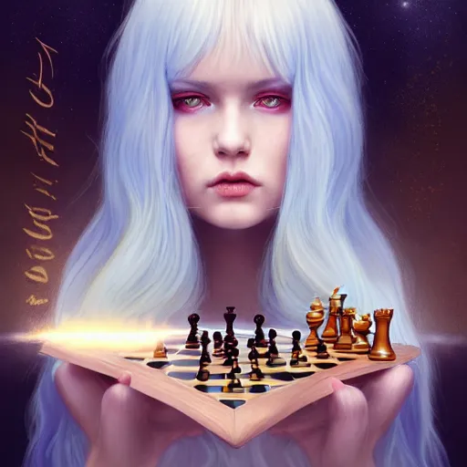 Image similar to beautiful young rimuru tempest playing chess, with amber eyes of golden colored eyes, straight hair, sky blue hair, long bangs, high collar, concept art, award winning photography, digital painting, cinematic, wlop, 8 k, by ross tran, tom bagshaw, andy warhol