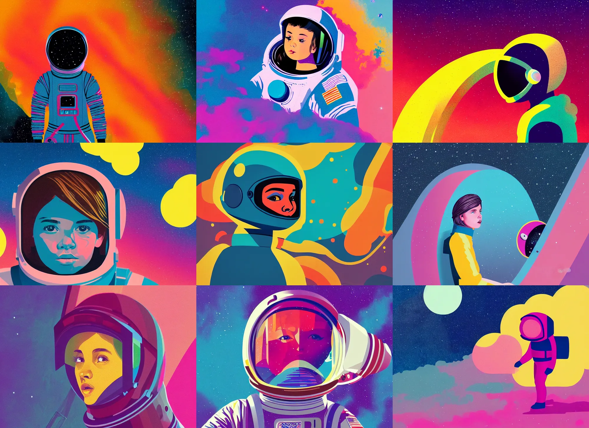 Prompt: ( ( strong dither ) ), editorial illustration portrait of a young astronaut girl, colorful modern, ( ( charlie davis ) ), strong texture, dynamic composition, detailed, matte print, dynamic perspective, muted color, lomography, muted colors