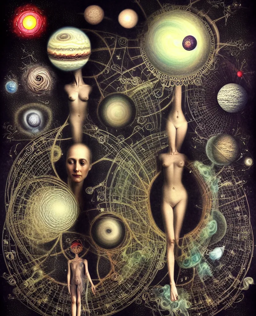 Image similar to inside the universe of a human body soul, whimsical uncanny creature alchemizes unique canto about'as above so below'being ignited by the spirit of haeckel and robert fludd, breakthrough is iminent, glory be to the magic within, to honor jupiter, surreal collage by ronny khalil