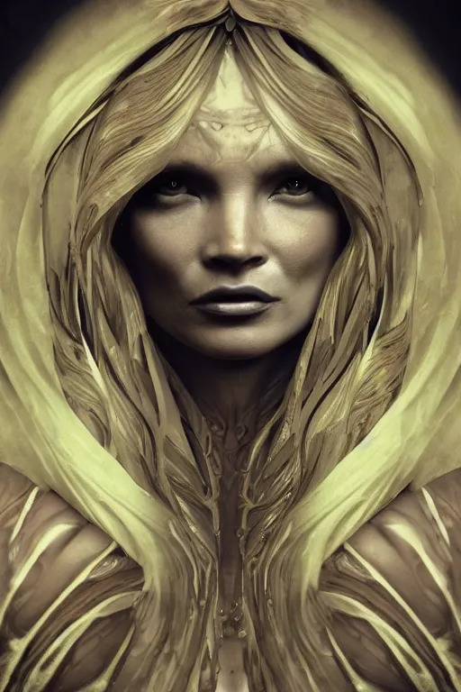 Prompt: a realistic dark photo of a beautiful ancient alien woman goddess kate moss in jewelery and fractals in style of alphonse mucha art nuvo dmt lsd trending on artstation made in unreal engine 4