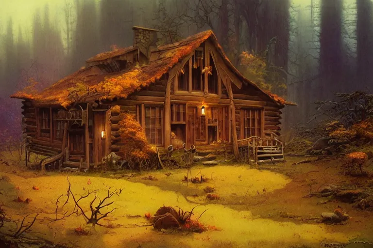 Image similar to morning autumn lonely cabin by rodney matthews, frank frazetta, trending on artstation.