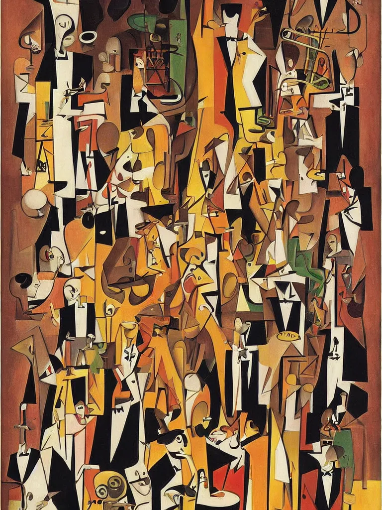 Prompt: a minmal surrealist painting of a crowded jazz bar full of people, art by victor brauner, aesthetically pleasing and harmonious colors, expressionism