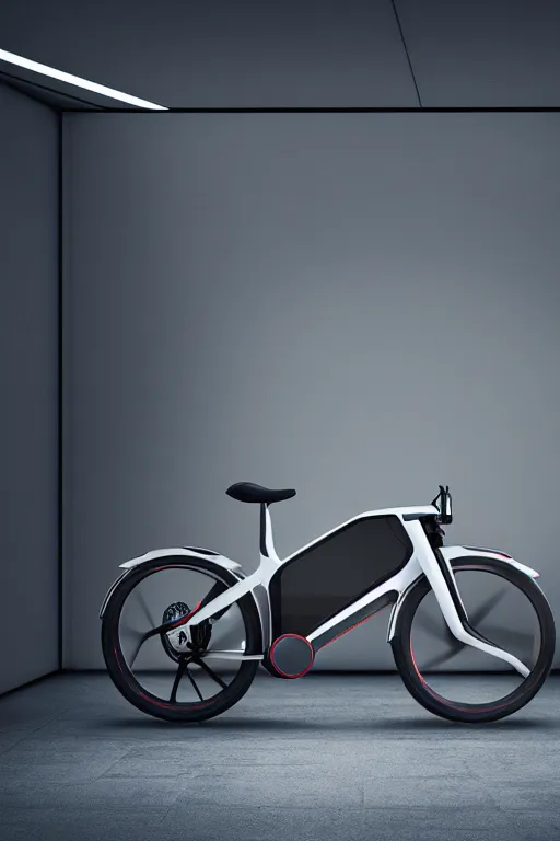 Image similar to futuristic electric bike designed by porsche, xf iq 4, 1 5 0 mp, 5 0 mm, f / 1. 4, iso 2 0 0, 1 / 1 6 0 s, natural light, octane render, adobe lightroom, rule of thirds, symmetrical balance, depth layering, polarizing filter, sense of depth, ai enhanced