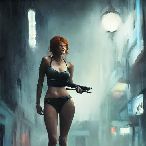 Prompt: bella thorne with gun, hyperrealistic full figure, bladerunner street alley, art of elysium by frank frazetta and by jeremy mann, fantasy art, photo realistic, dynamic lighting, artstation, full figure poster, volumetric lighting, very detailed face, 4 k, award winning