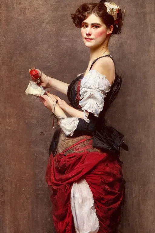 Image similar to Louis Marie De Schryver and Solomon Joseph Solomon and Richard Schmid and Jeremy Lipking victorian genre painting full length portrait painting of a young beautiful woman traditional german french barmaid in fantasy costume, red background