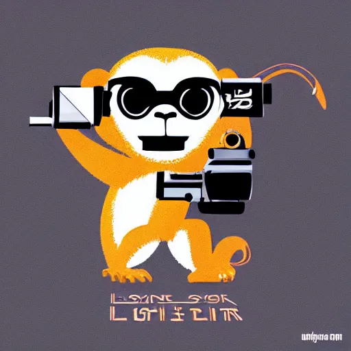 Image similar to “ logo of a monkey in the style of zootopia holding laser gun, with a black background, digital art, award winning, trending on art station, retro style ”