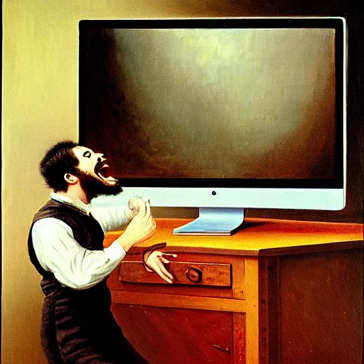 Image similar to an angry man yells at his computer monitor, oil on canvas, 1 8 8 3, highly detailed