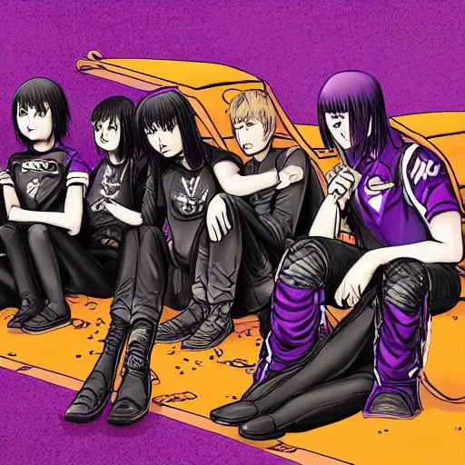 Image similar to group shot of depressed teenagers with emo haircuts wearing gothy purple and black spandex suits, sitting next to smashed burning spacecraft wreckage, on the orange surface of mars, highly detailed, dramatic lighting, photorealistic, cinematic