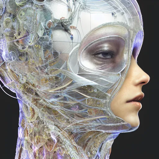 Prompt: the profile portrait of an extremely beautiful, gorgeous, elegant and sophisticated glass femel mechanoid made of transparent glass, ultrafine detailed illustration by james jean, giuseppe arcimboldo, intricate, final fantasy, unreal engine 5 highly rendered, global illumination, colored light, fine fiberglass, luminous, radiant light, 8 k, artstation.