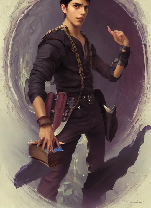 Image similar to character concept portrait of a handsome young adventurous Latino wizard with olive skin casting a love spell, a floating iridescent spell book in the center, intricate, elegant, digital painting, concept art, smooth, sharp focus, illustration, from Metal Gear, by Ruan Jia and Mandy Jurgens and William-Adolphe Bouguereau, Artgerm