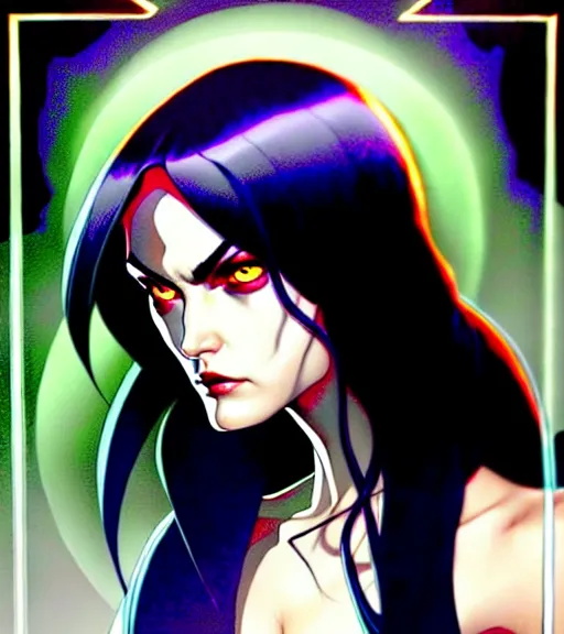 Prompt: artgerm, joshua middleton comic cover art, pretty friendly sweet kind phoebe tonkin eye of horus painted under one of her eyes ( no black under other eye ), as death sandman comic death appears as a young, attractive, slim, she has very pale skin long black hair, she prefers to dress casually and she wears black clothing