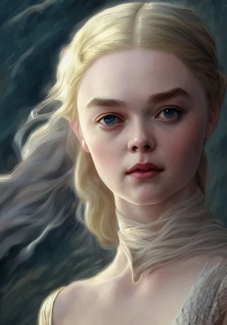 Prompt: daenerys elle fanning, intricate, elegant, highly detailed, digital painting, artstation, concept art, smooth, sharp focus, illustration, art by artgerm and greg rutkowski and alphonse mucha and william - adolphe bouguereau