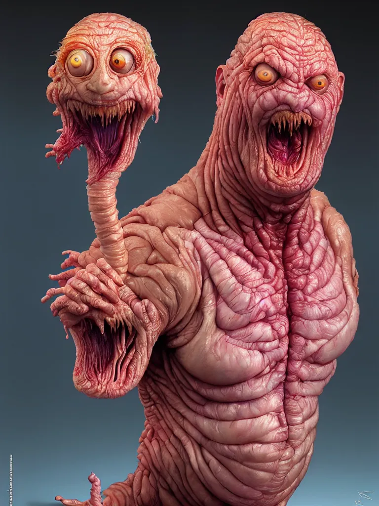 Image similar to hyperrealistic rendering, fat smooth cronenberg flesh monster trump by donato giancola and greg rutkowski and wayne barlow and zdzisław beksinski, eyeballs, product photography, action figure, sofubi, studio lighting, colored gels, colored background