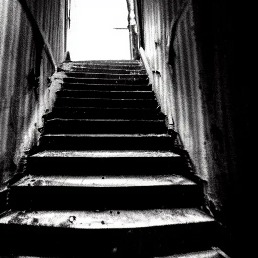 Image similar to grainy photograph of a dark and dilapidated staircase, positioned at the bottom step looking up the staircase, a ghost that looks like 2 1 savage in the darkness at the top of the stairs