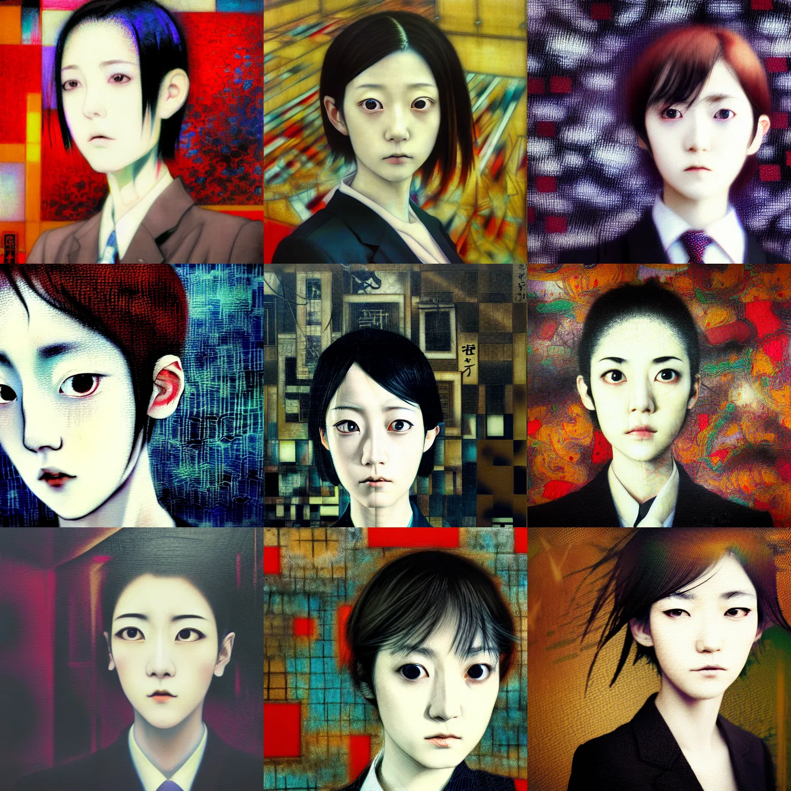 Image similar to yoshitaka amano blurred and dreamy realistic three quarter angle portrait of a young woman with short hair and black eyes wearing office suit with tie, junji ito abstract patterns in the background, satoshi kon anime, noisy film grain effect, highly detailed, renaissance oil painting, weird portrait angle, blurred lost edges