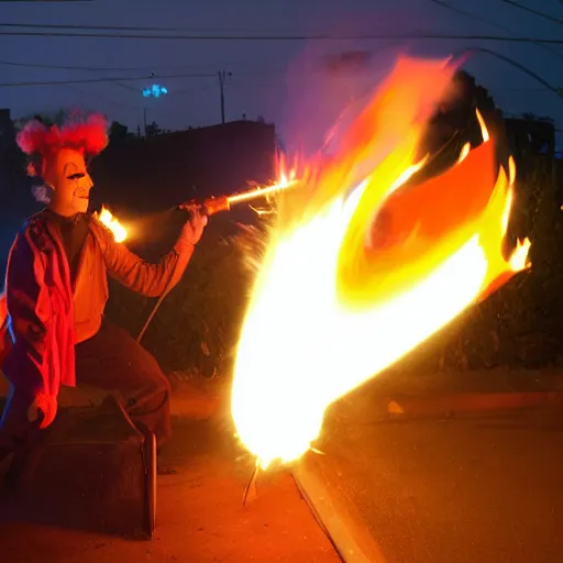 Image similar to photo of a clown using a flamethrower projecting a long bright flame towards a dumpster fire