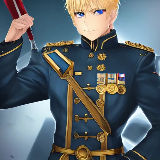 Image similar to full body portrait of saber from fate / stay night as a dictator in full military uniform with way too many medals, highly detailed, trending on artstation, 4 k, drawn by wpl