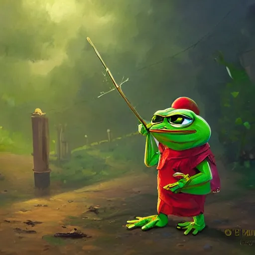 Prompt: Pepe the frog warrior character in Vasya Lozhkin artist style, HD , 4K, oil on canvas, sharp focus, cinematic composition, dramatic pose, hyper detailed